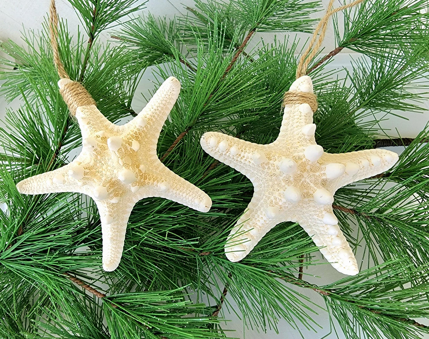 Starfish beach ornament for the holidays or beach wedding. Approx 4-5 in pencil or 3-4 in knobby starfish hanging from natural jute twine.