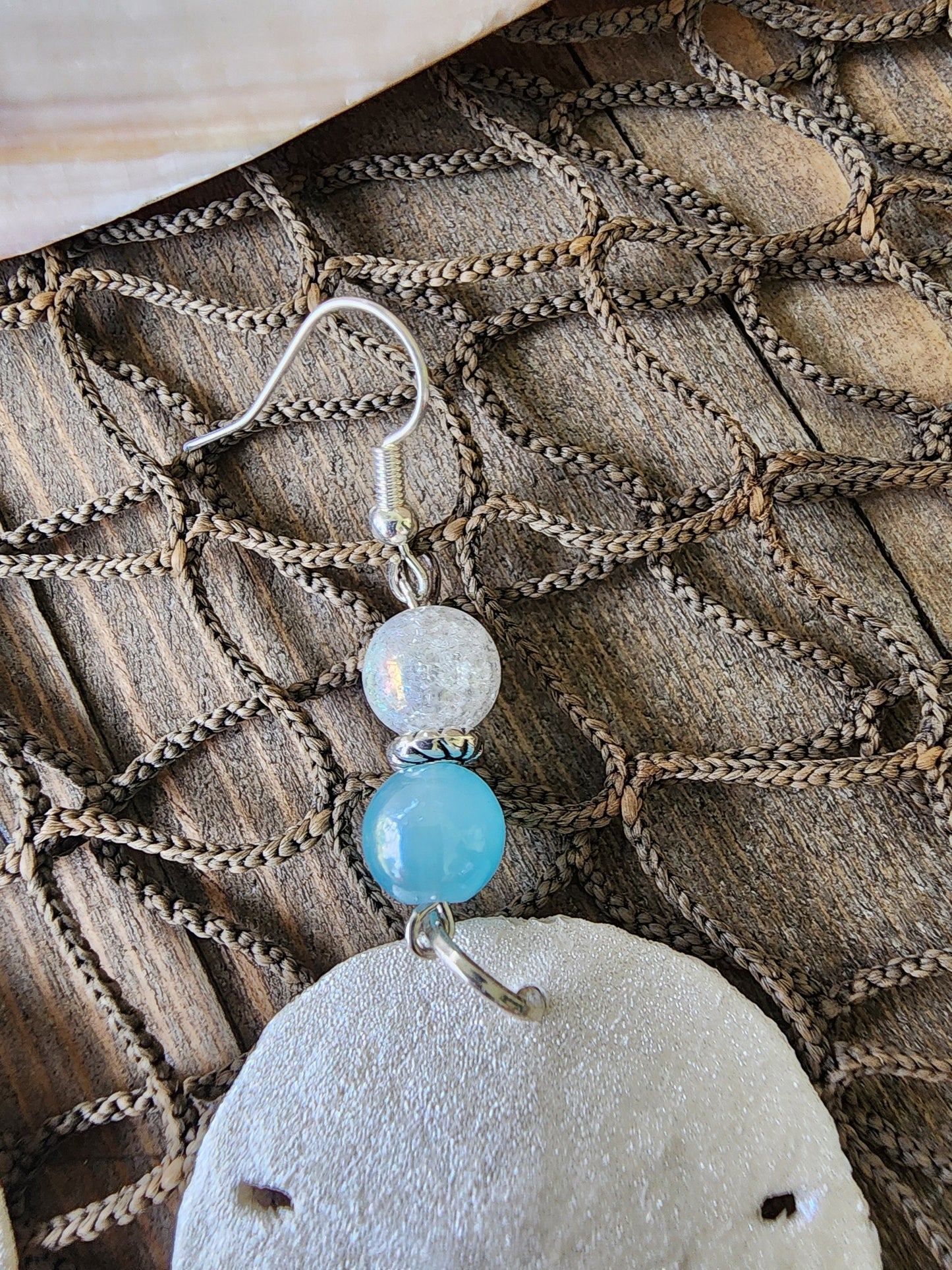 Handmade natural sand dollar necklace and earring set accented with aqua and white crackle beads. Perfect for beach wedding or bridesmaids.