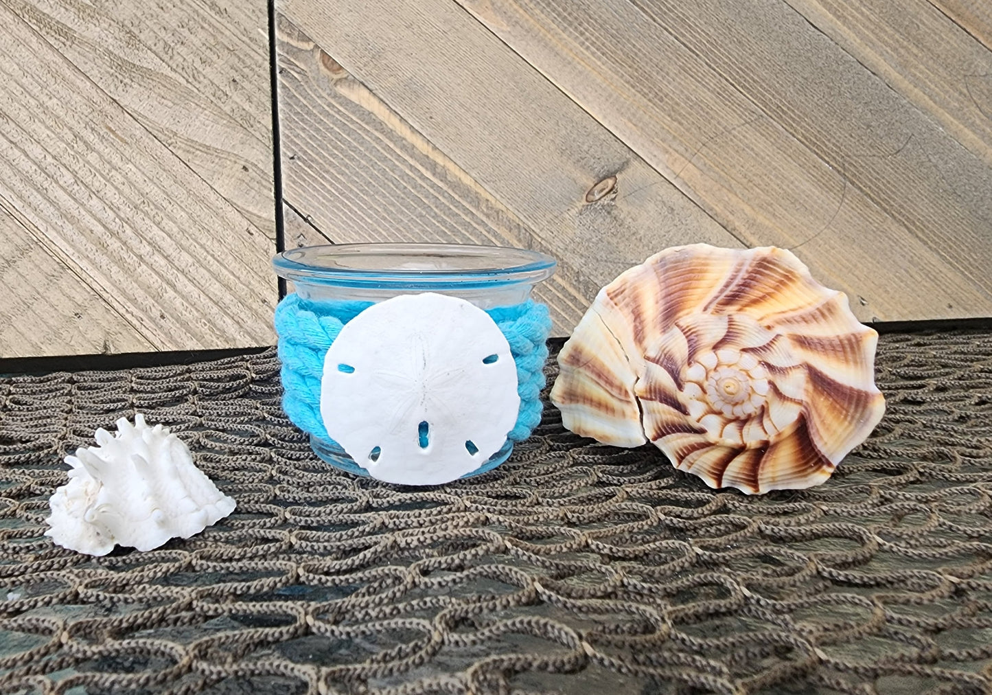Coastal tea light candle holder, beach house decor, beach wedding centerpiece, starfish and sand dollar candle holder, nautical rope