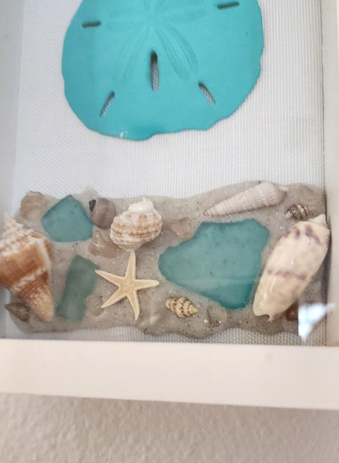 Beach, seashell and sea glass "5x7" shadow box, handmade with SW Florida sand and shells in shades of blue and aqua, housewarming gift.
