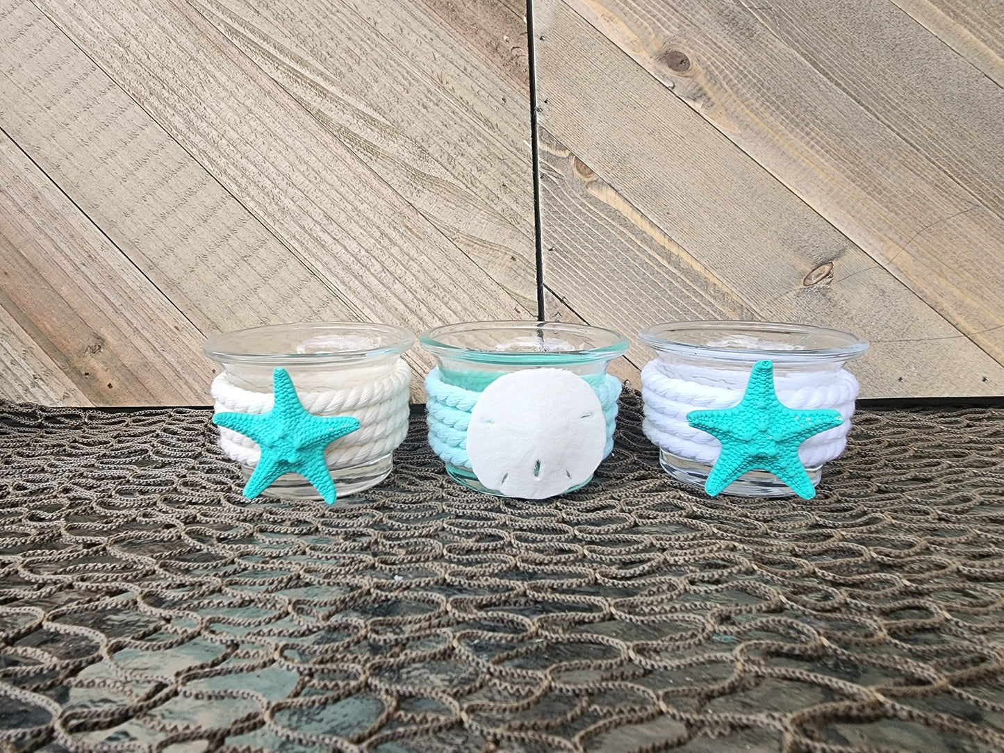 Coastal tea light candle holder, beach house decor, beach wedding centerpiece, starfish and sand dollar candle holder, nautical rope