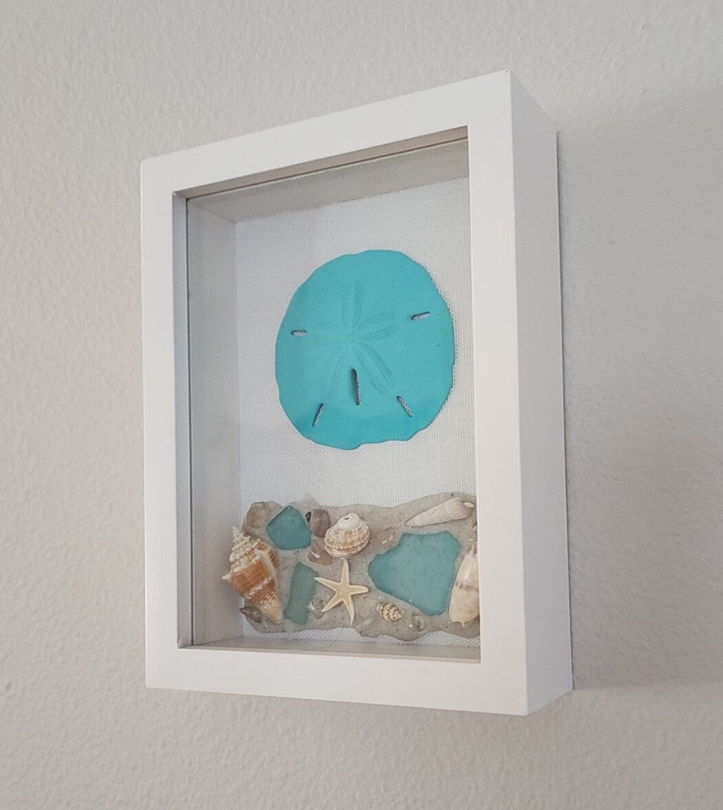 Beach, seashell and sea glass "5x7" shadow box, handmade with SW Florida sand and shells in shades of blue and aqua, housewarming gift.
