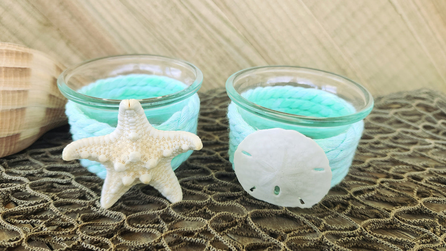 Set of 2 seafoam coastal candle holders for tealight or votive candles. Perfect for your beach house or beach wedding. Seashell accents