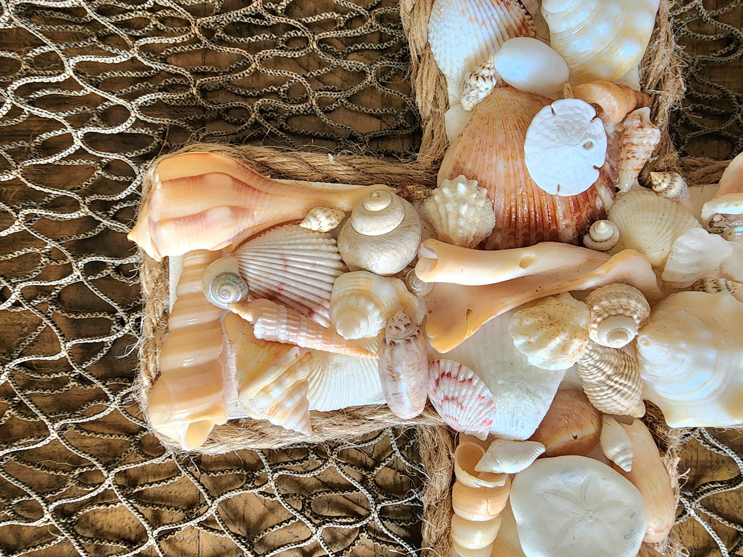 Coastal seashell cross 12x7 wall art. Perfect for a beach wedding, wedding gift, housewarming gift, or to add to your beach house decor