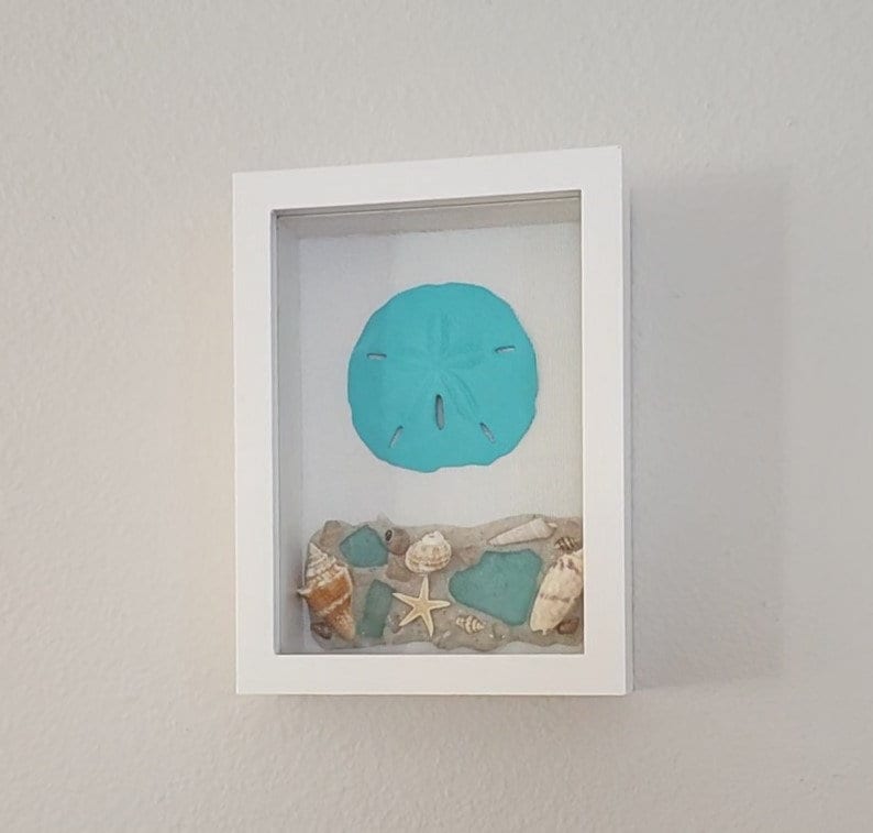 Beach, seashell and sea glass "5x7" shadow box, handmade with SW Florida sand and shells in shades of blue and aqua, housewarming gift.