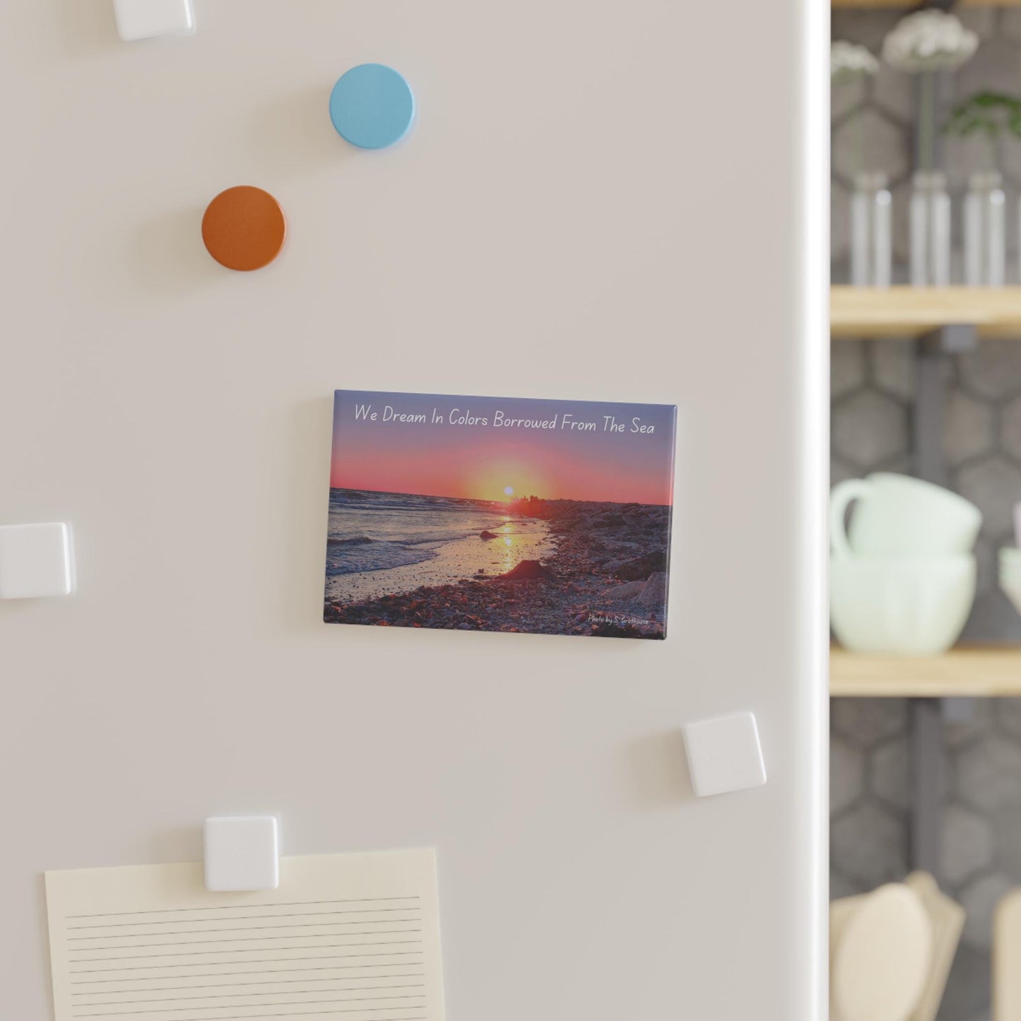 Custom beach sunset button magnet. 3x2 rectangle with inspirational quote, personalization available. SW Florida beach sunset