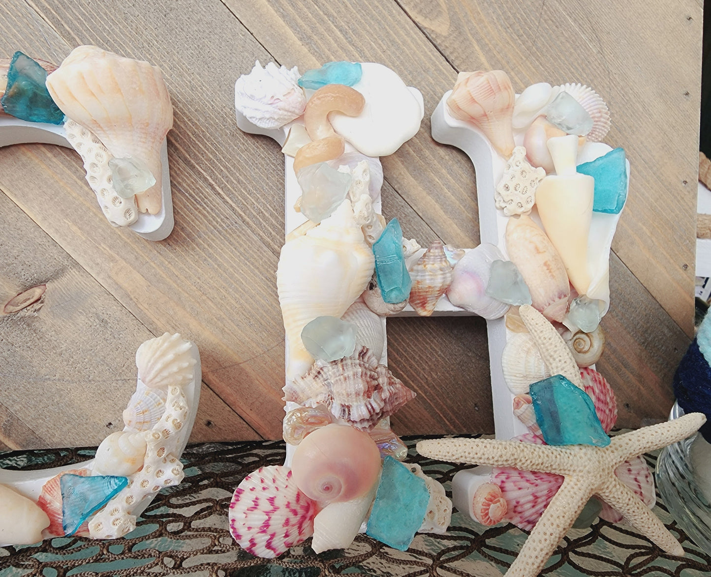Seashell letters (5inx6in), seashell art decor, beach letters, beach house decor, coastal decor, sea glass letters, seashell wall hanging