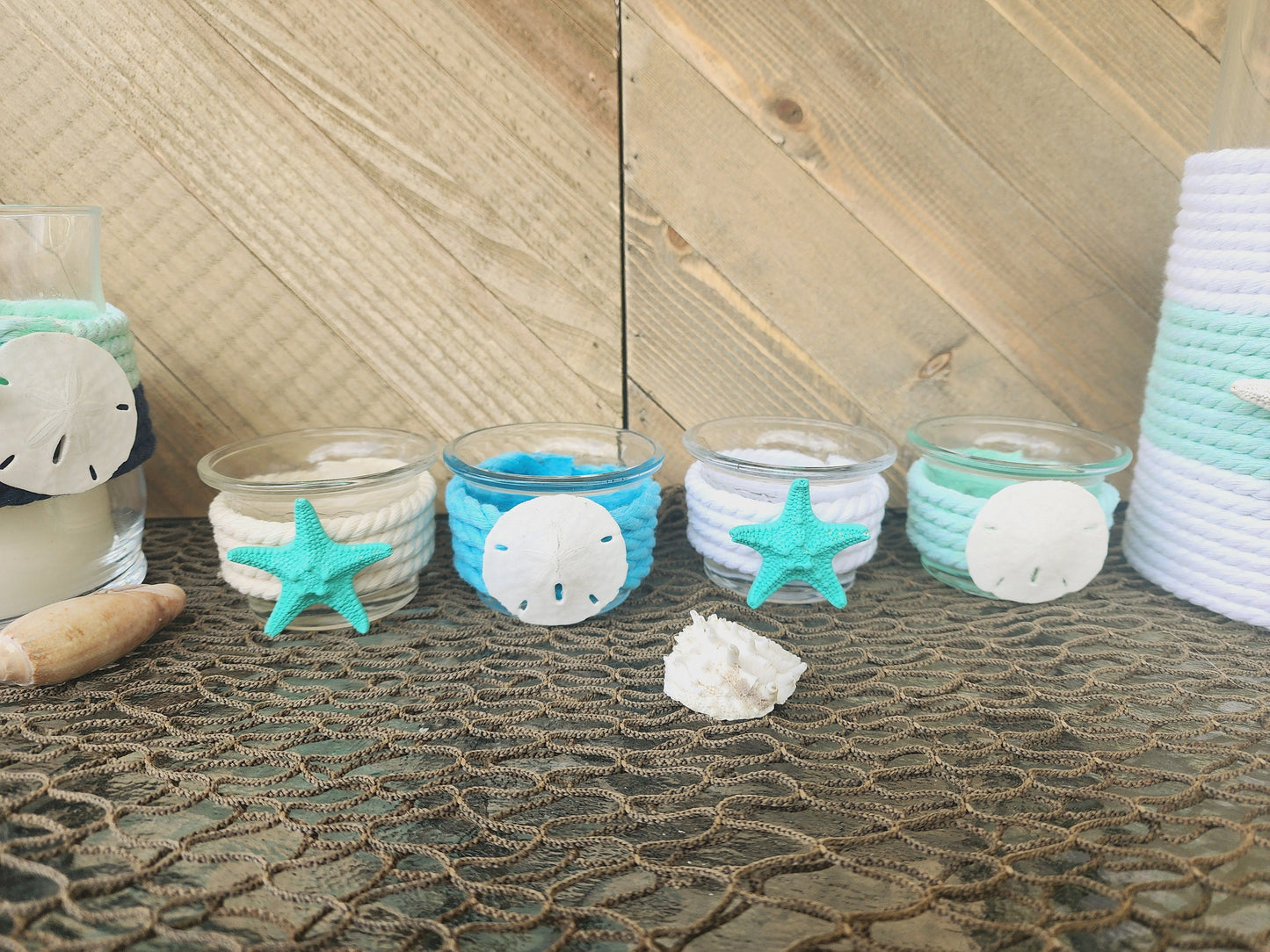 Coastal tea light candle holder, beach house decor, beach wedding centerpiece, starfish and sand dollar candle holder, nautical rope