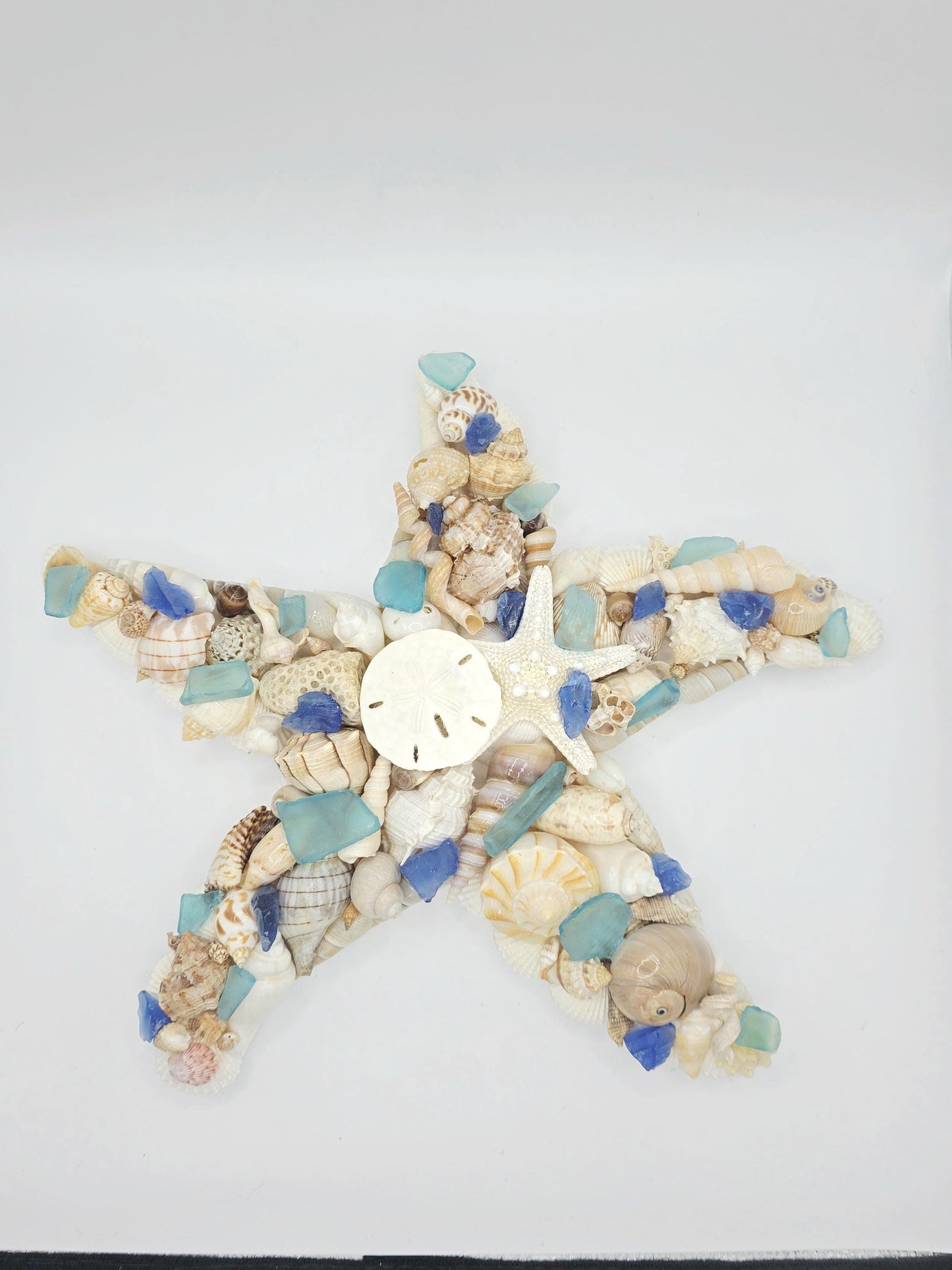 Seashell and seaglass starfish wall art (12"x12"), ready to hang, finished with a sand dollar and starfish. Beach house decor, beach wedding
