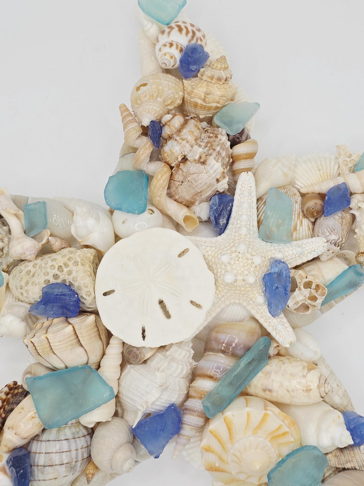 Seashell and seaglass starfish wall art (12"x12"), ready to hang, finished with a sand dollar and starfish. Beach house decor, beach wedding