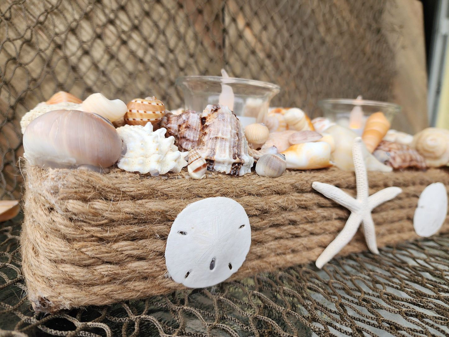 Coastal seashell candle holder centerpiece. Perfect as a beach wedding centerpiece, beach wedding gift, or to complement your coastal decor