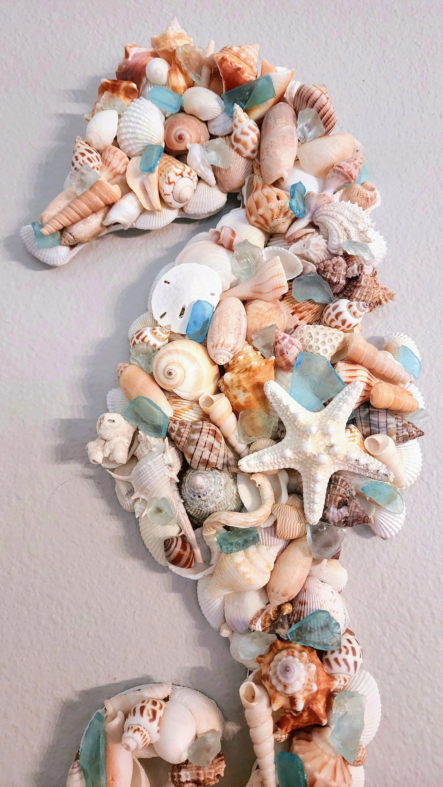 Seashell seahorse wall art, 18" x 9" coastal wall hanging, seahorse beach decor, natural seashell art, beach house decor, housewarming gift.