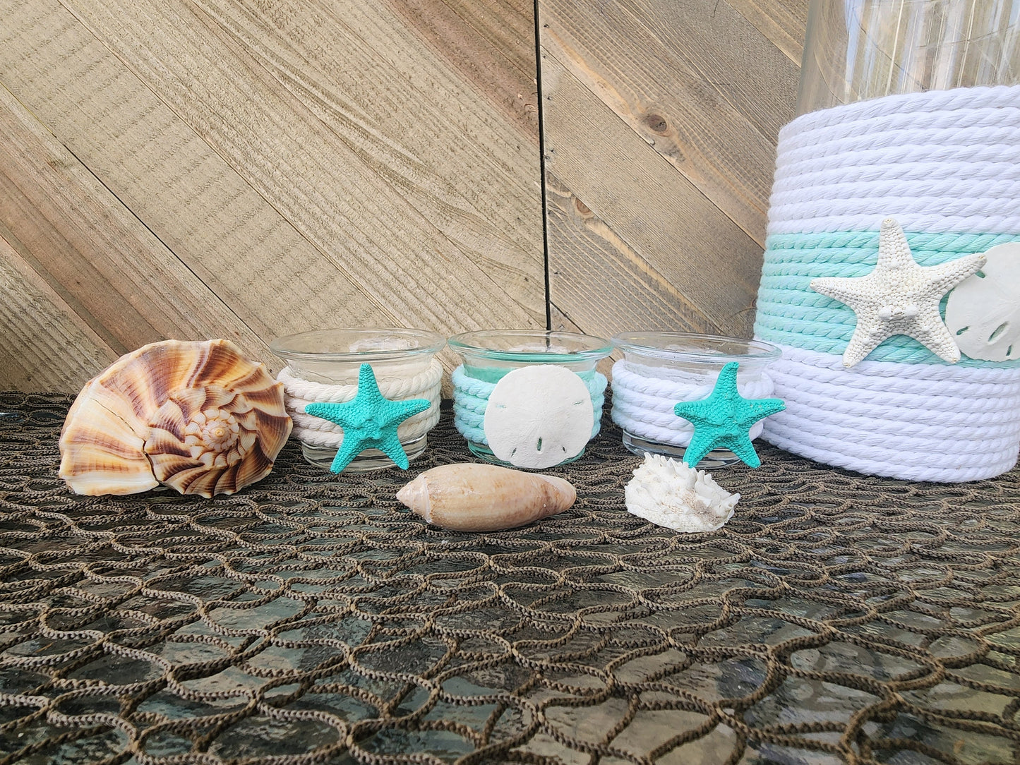 Coastal tea light candle holder, beach house decor, beach wedding centerpiece, starfish and sand dollar candle holder, nautical rope