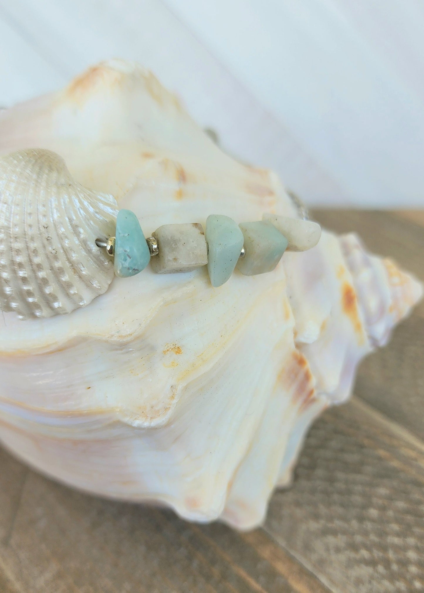 Beautiful, handmade fancy ark seashell bracelet or anklet accented with semi- precious amazonite stones on an adjustable silver curb chain.