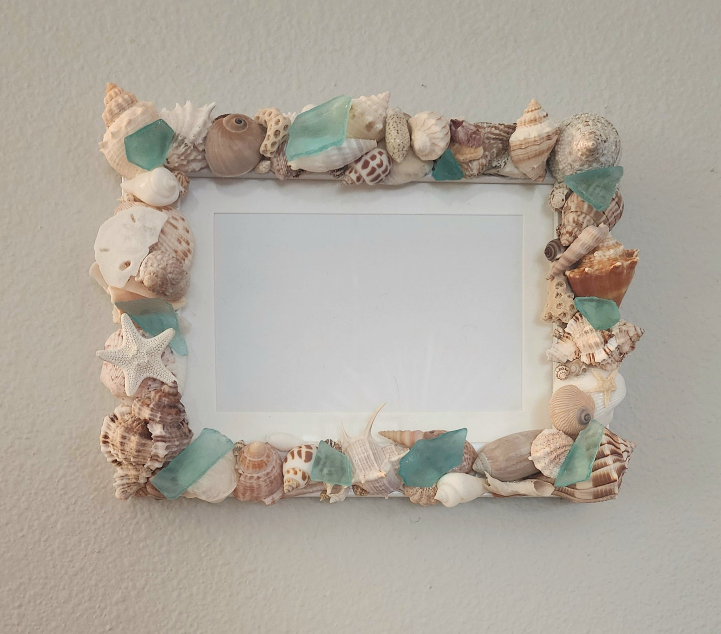 Seashell and sea glass "5x7" picture frame, handmade with SW Florida seashells and sea glass in shades of blue and aqua, wedding gift.