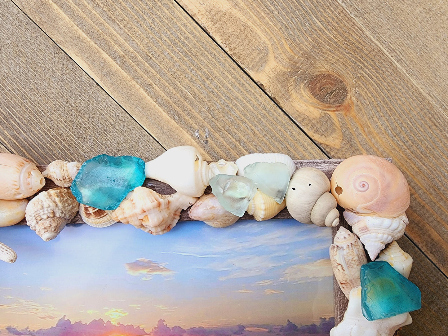 Seashell and sea glass "5x7" picture frame, handmade with SW Florida seashells and sea glass in shades of blue and aqua, wedding gift.