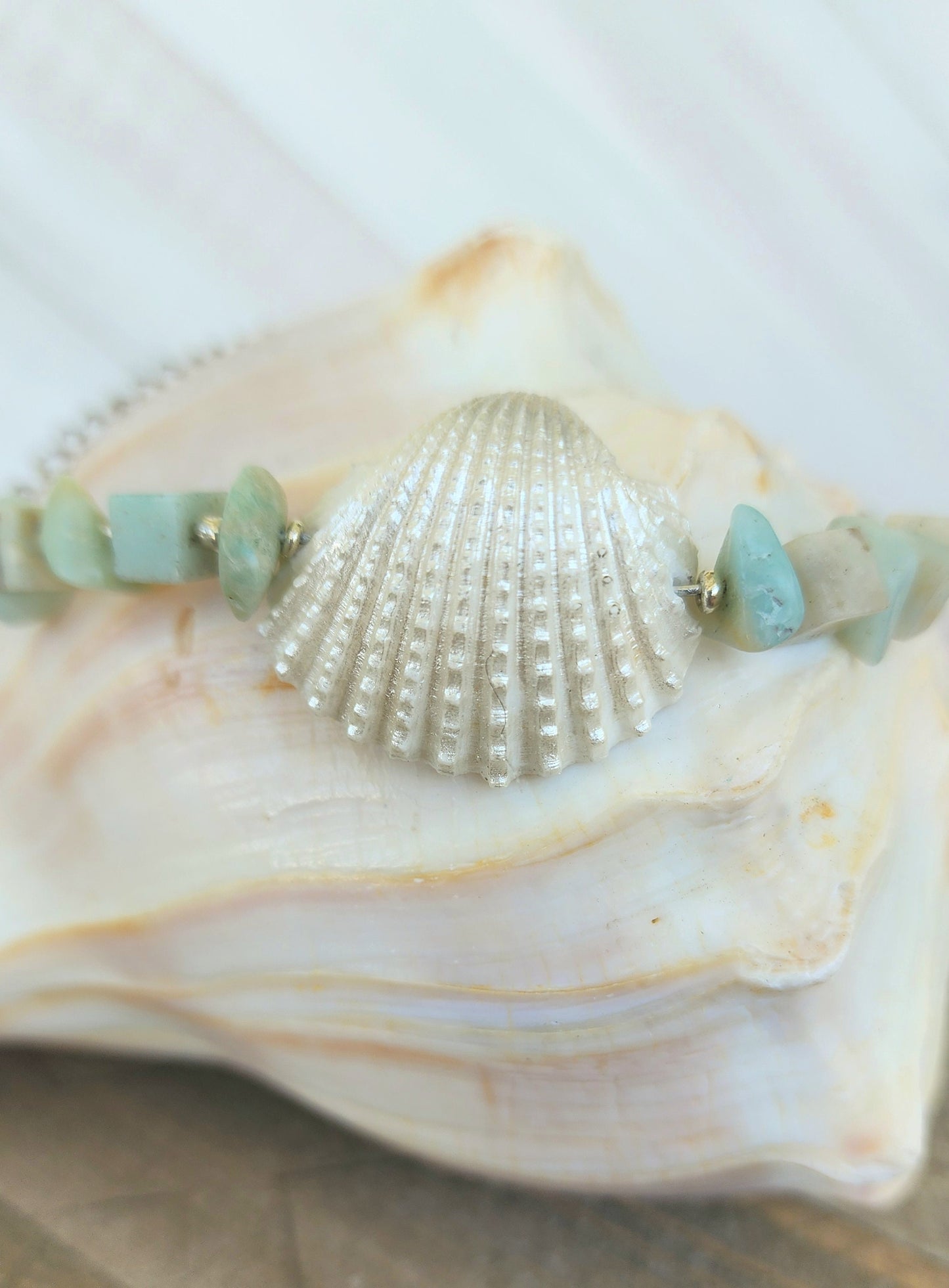 Beautiful, handmade fancy ark seashell bracelet or anklet accented with semi- precious amazonite stones on an adjustable silver curb chain.