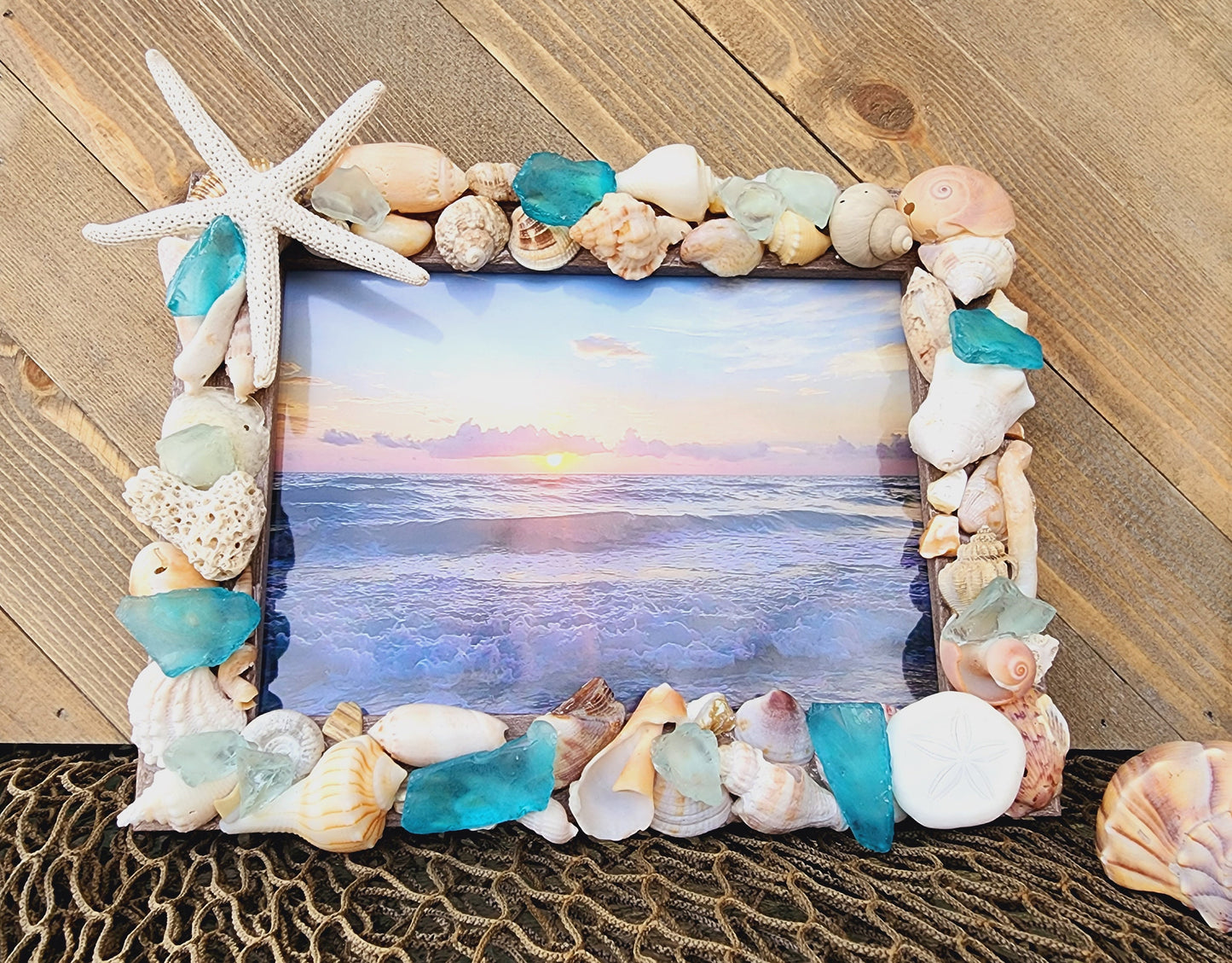 Seashell and sea glass "5x7" picture frame, handmade with SW Florida seashells and sea glass in shades of blue and aqua, wedding gift.
