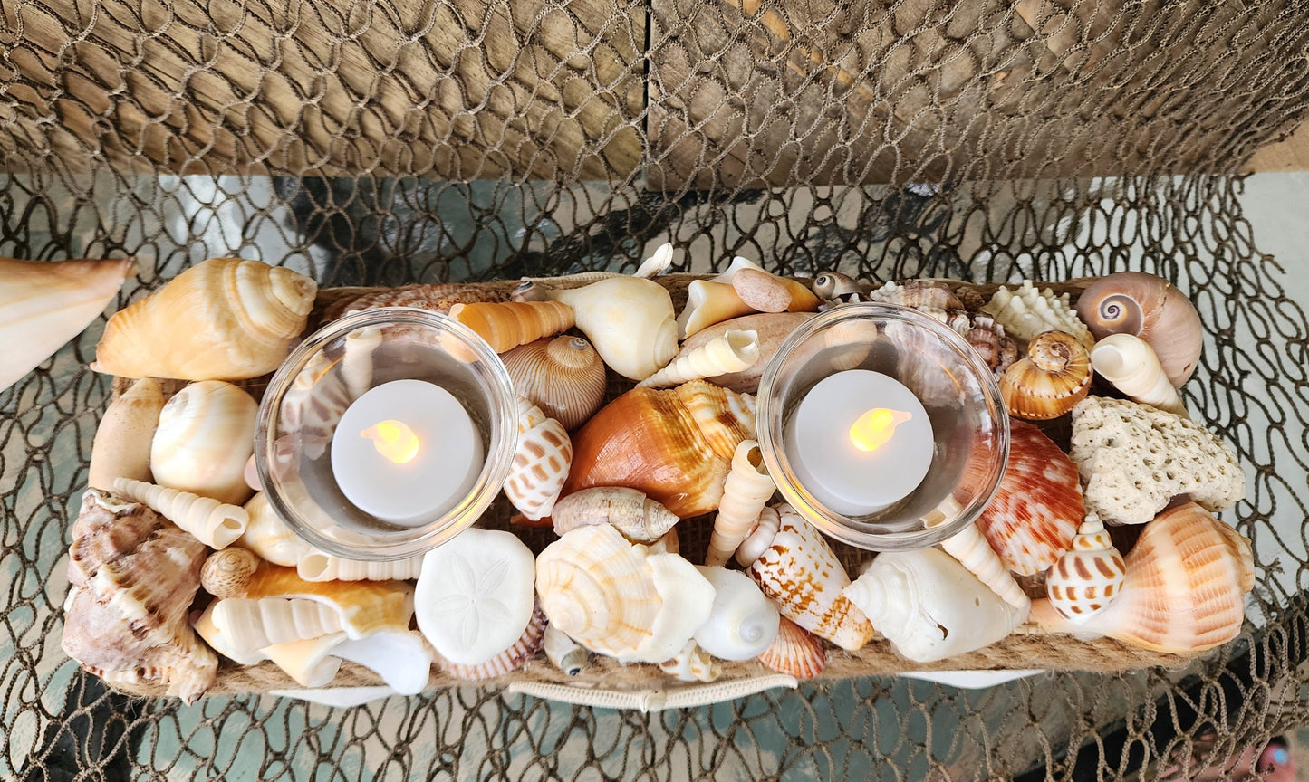 Coastal seashell candle holder centerpiece. Perfect as a beach wedding centerpiece, beach wedding gift, or to complement your coastal decor