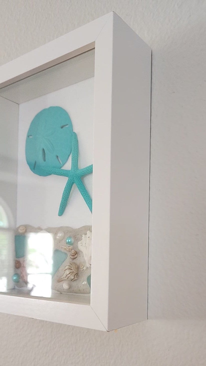 Beach, seashell and sea glass "5x7" shadow box, handmade with SW Florida sand and shells in shades of blue and aqua, housewarming gift.