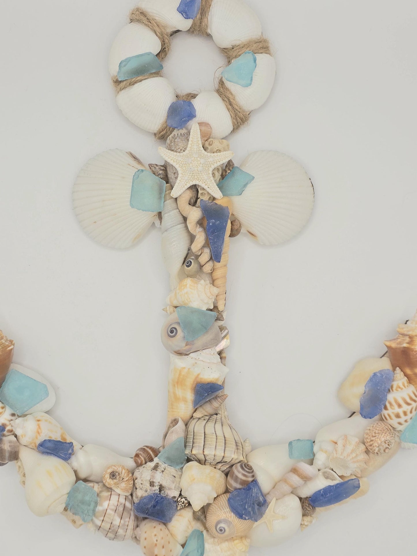 Seashell and seaglass anchor wall art (12"x8"), ready to hang. Beautiful, handmade coastal beach house decor or beach wedding gift.