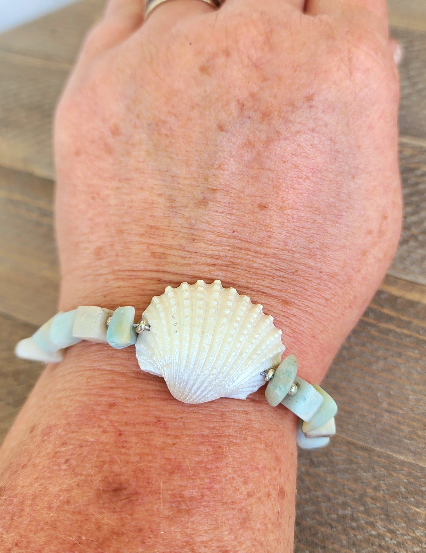 Beautiful, handmade fancy ark seashell bracelet or anklet accented with semi- precious amazonite stones on an adjustable silver curb chain.