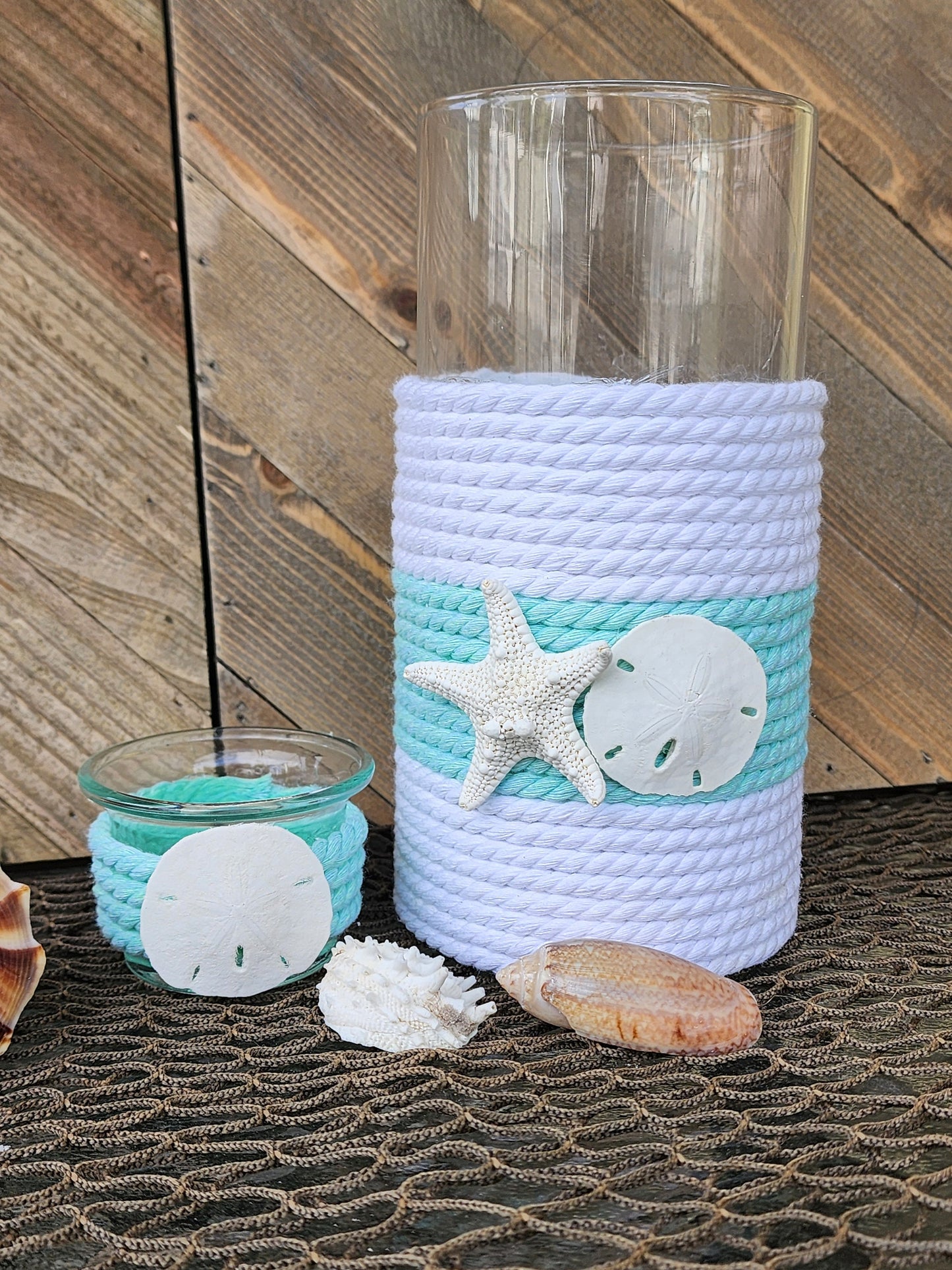 Coastal tea light candle holder, beach house decor, beach wedding centerpiece, starfish and sand dollar candle holder, nautical rope