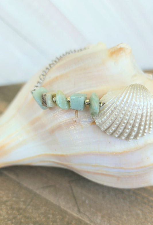 Beautiful, handmade fancy ark seashell bracelet or anklet accented with semi- precious amazonite stones on an adjustable silver curb chain.