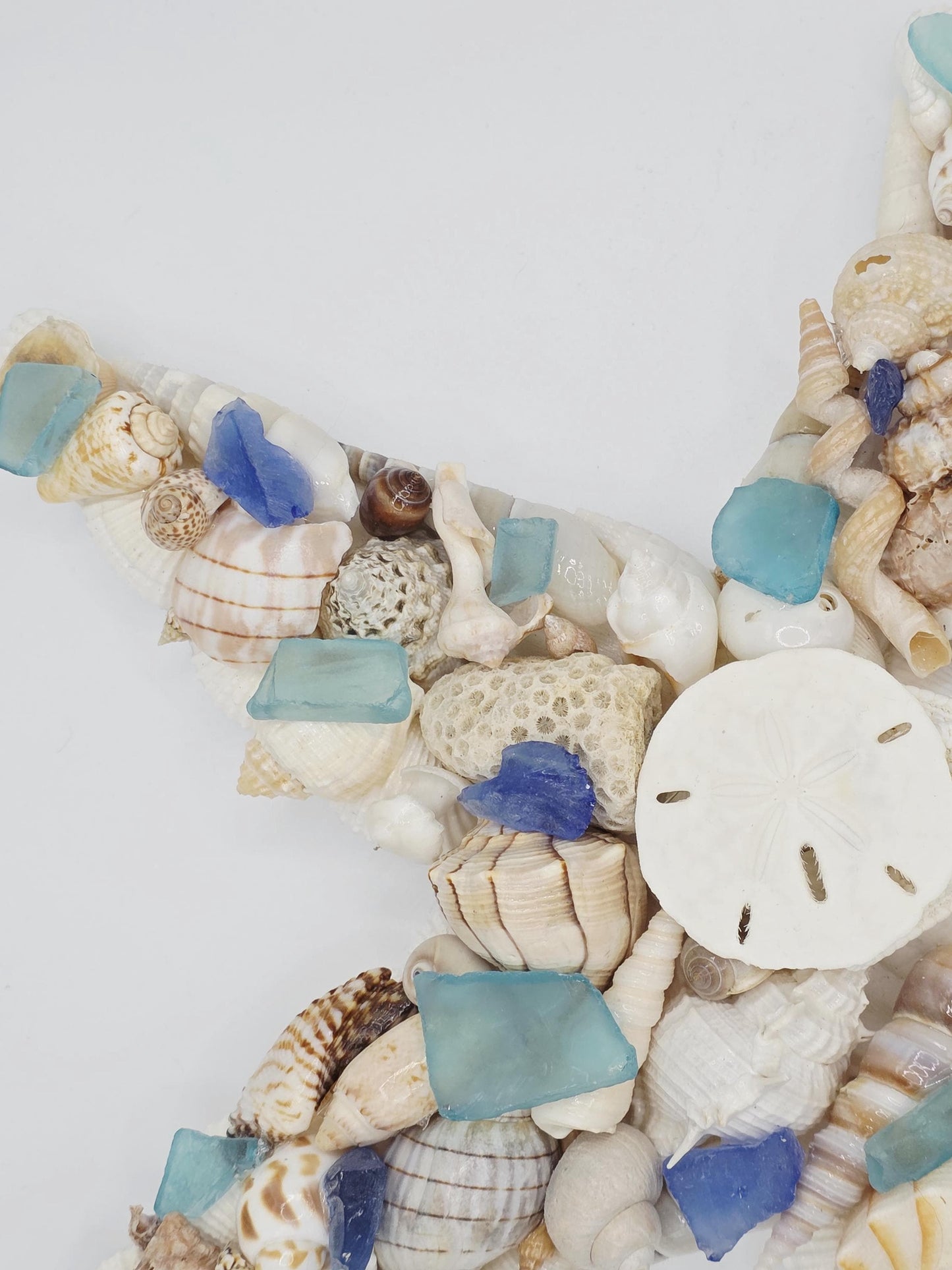 Seashell and seaglass starfish wall art (12"x12"), ready to hang, finished with a sand dollar and starfish. Beach house decor, beach wedding