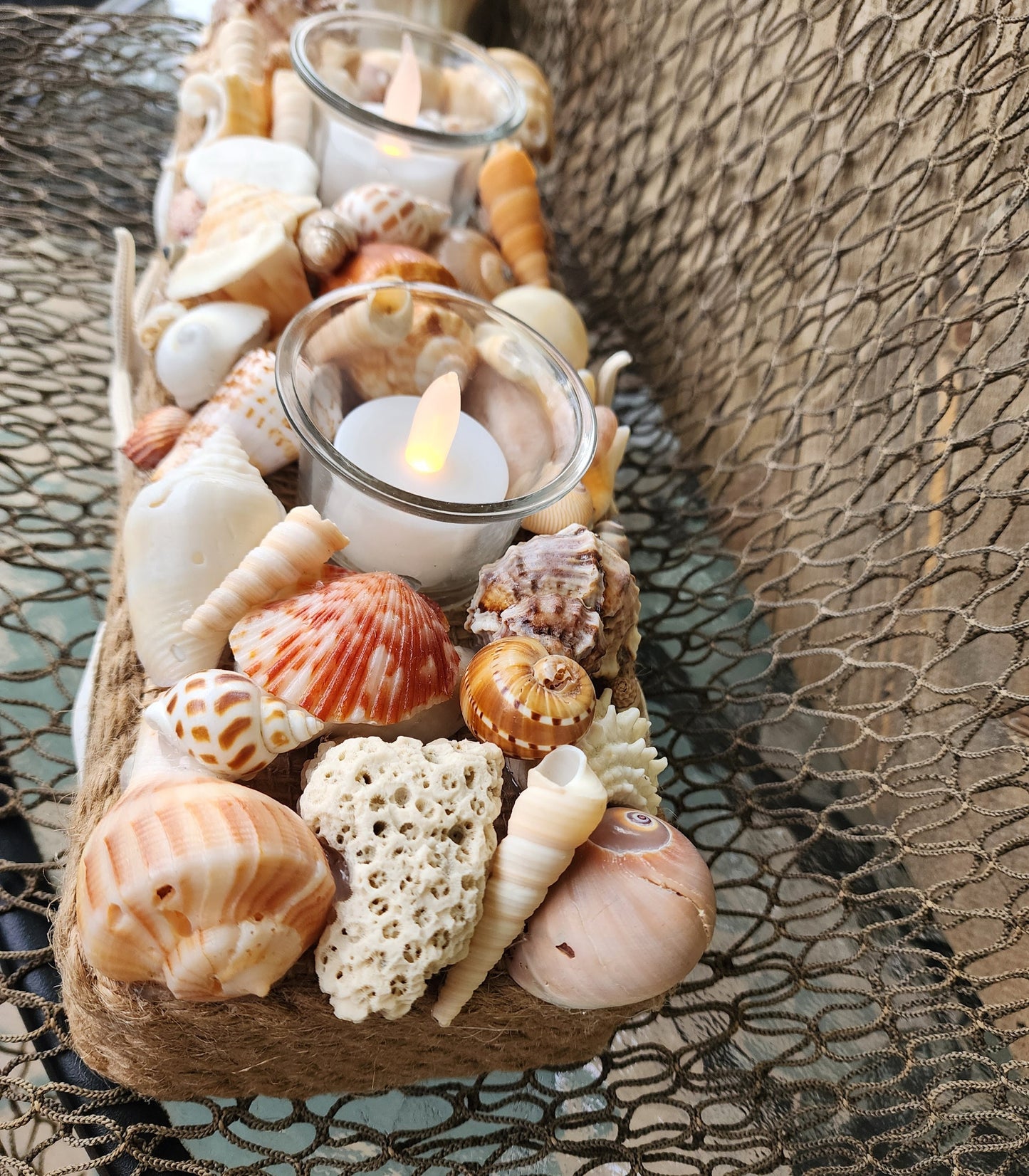 Coastal seashell candle holder centerpiece. Perfect as a beach wedding centerpiece, beach wedding gift, or to complement your coastal decor