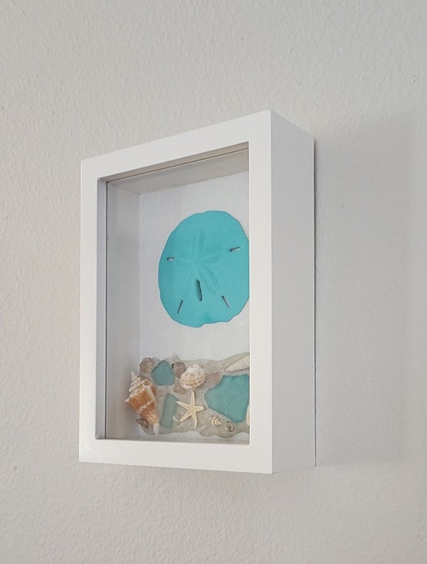 Beach, seashell and sea glass "5x7" shadow box, handmade with SW Florida sand and shells in shades of blue and aqua, housewarming gift.