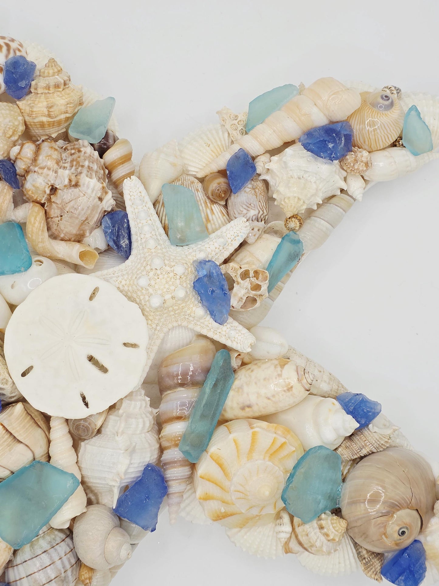 Seashell and seaglass starfish wall art (12"x12"), ready to hang, finished with a sand dollar and starfish. Beach house decor, beach wedding