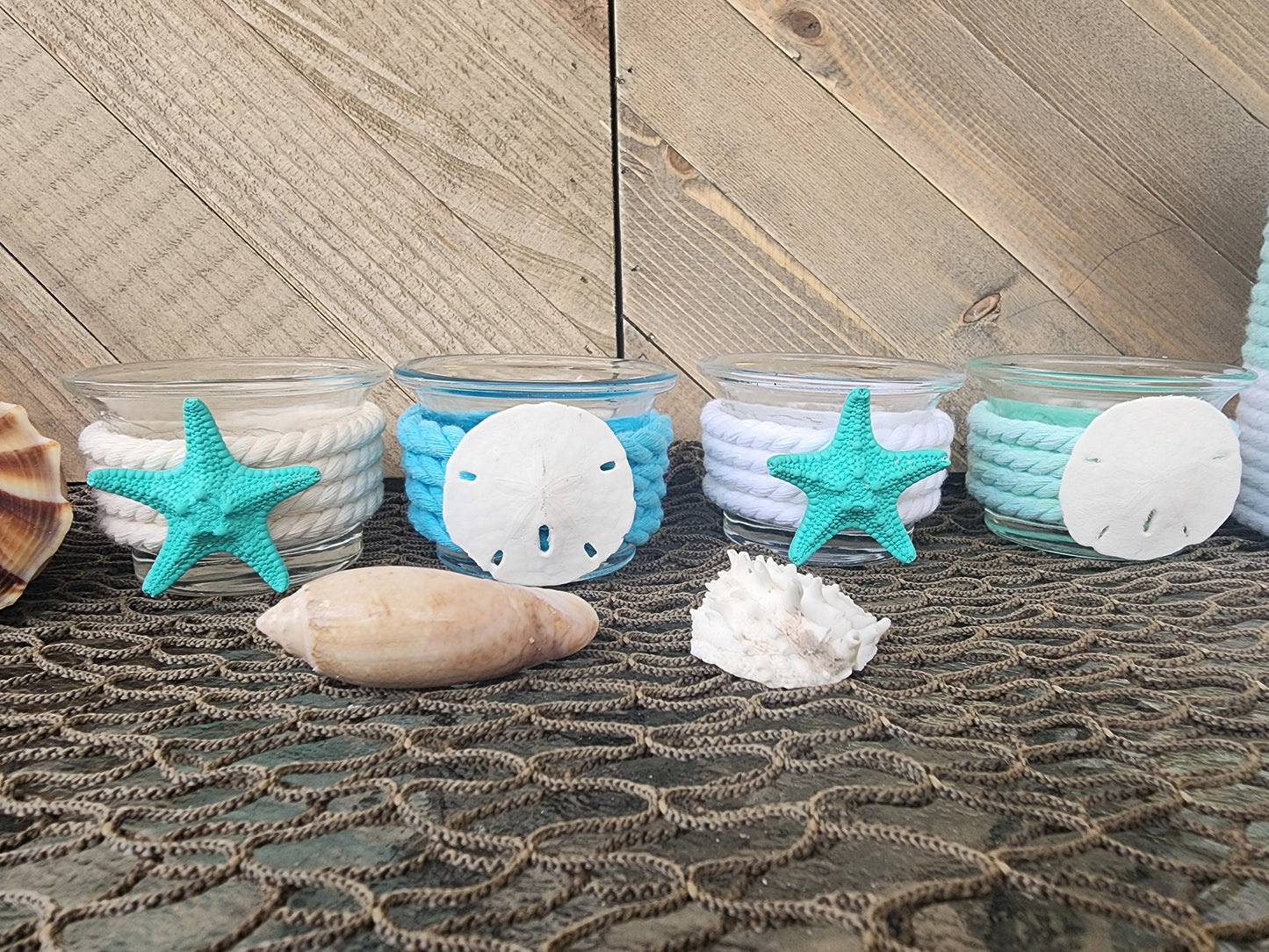 Coastal tea light candle holder, beach house decor, beach wedding centerpiece, starfish and sand dollar candle holder, nautical rope