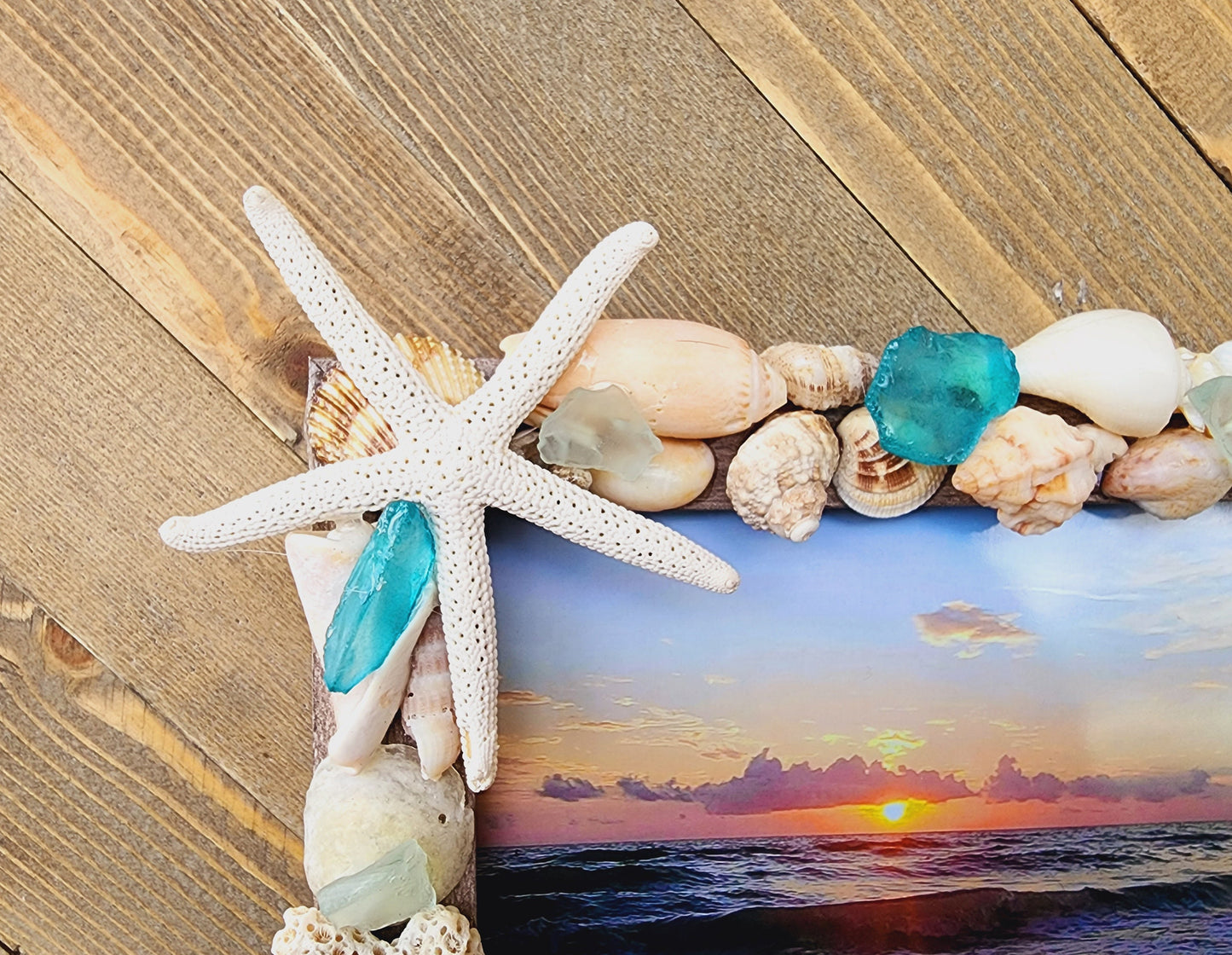 Seashell and sea glass "5x7" picture frame, handmade with SW Florida seashells and sea glass in shades of blue and aqua, wedding gift.