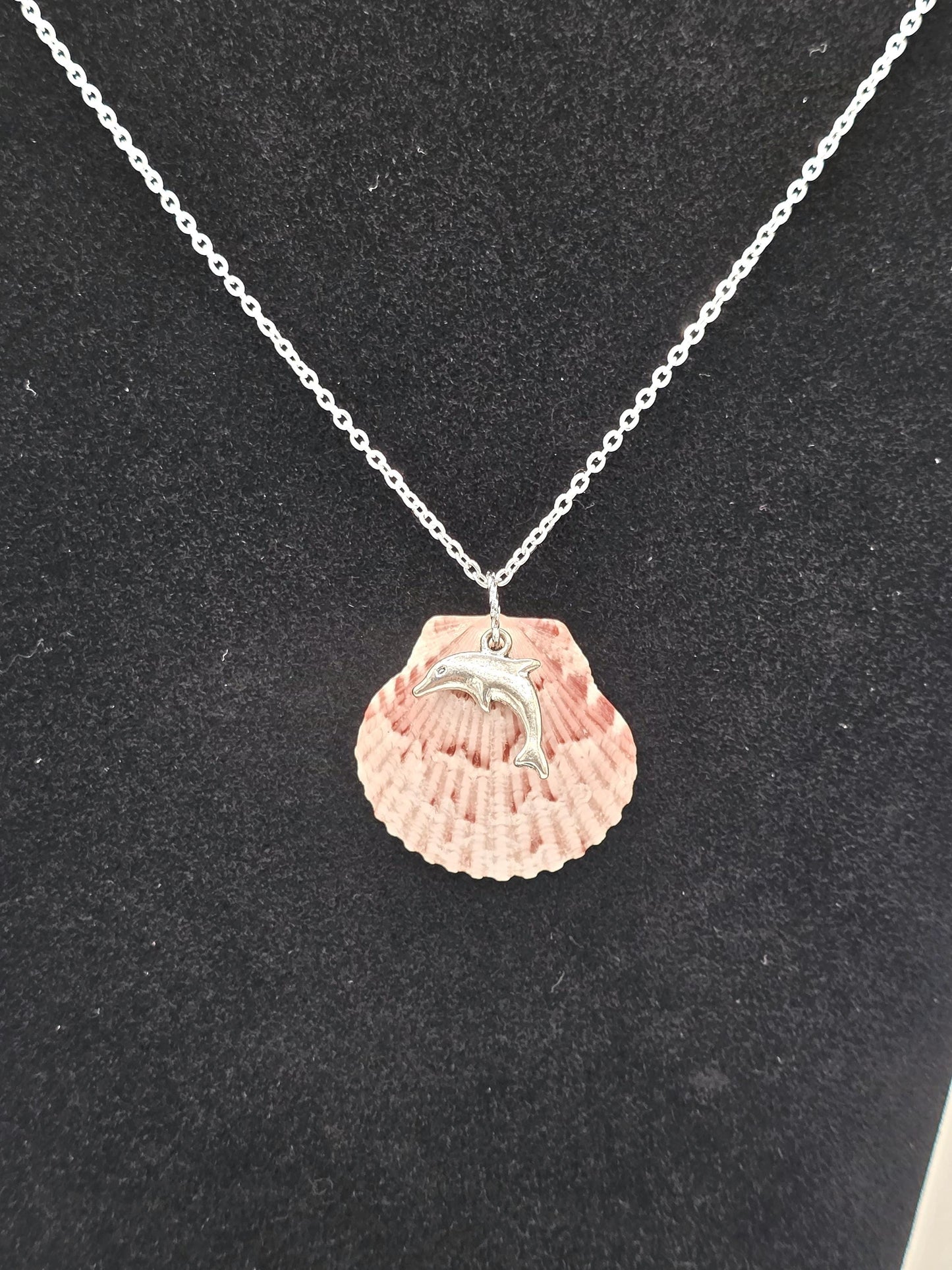 Genuine Florida pink calico shell necklace on 18" (+2") stainless steel chain. Perfect for beach wedding or anytime gift for beach lovers.