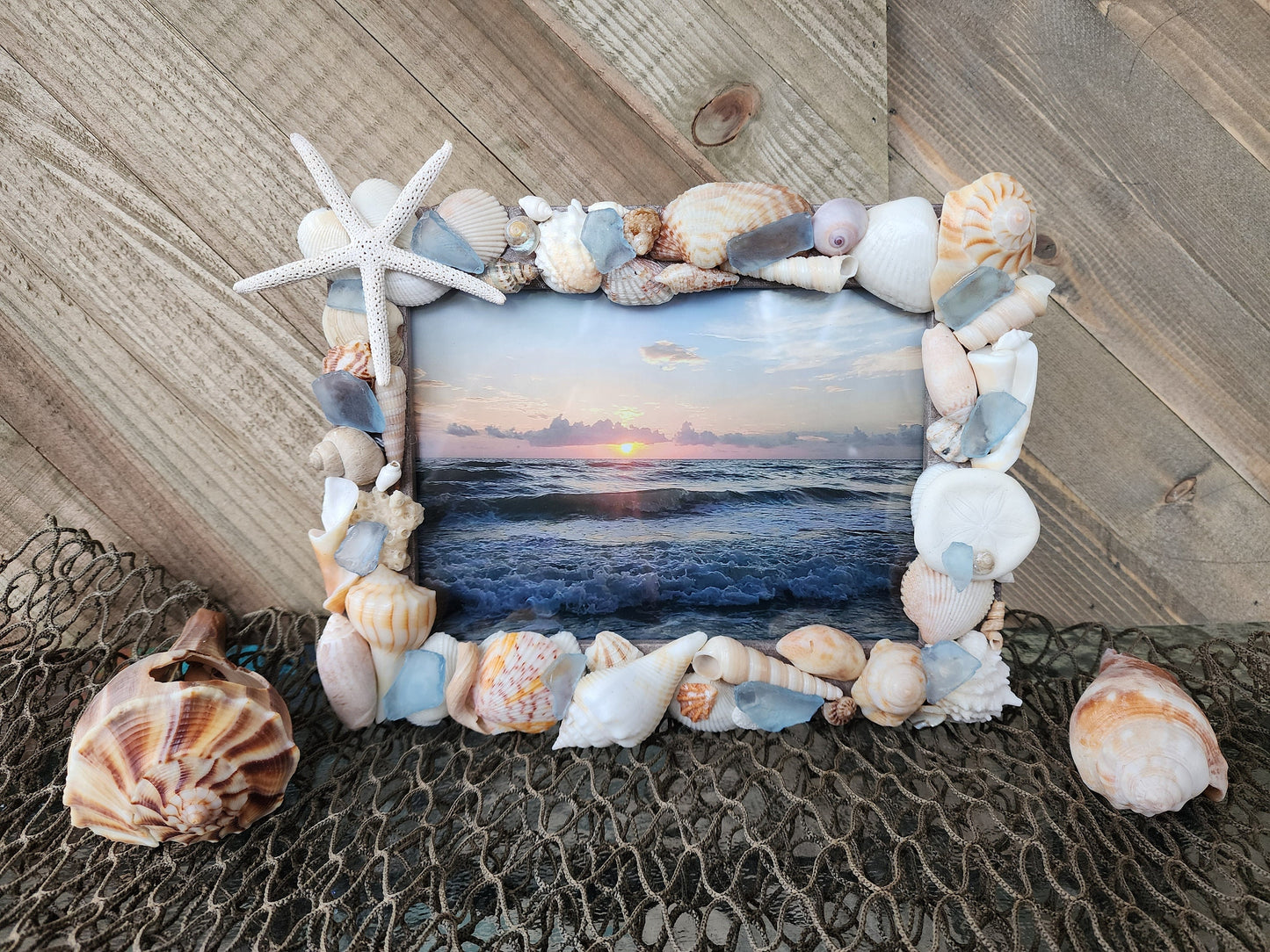 Seashell and sea glass "5x7" picture frame, handmade with SW Florida seashells and sea glass in shades of blue and aqua, wedding gift.