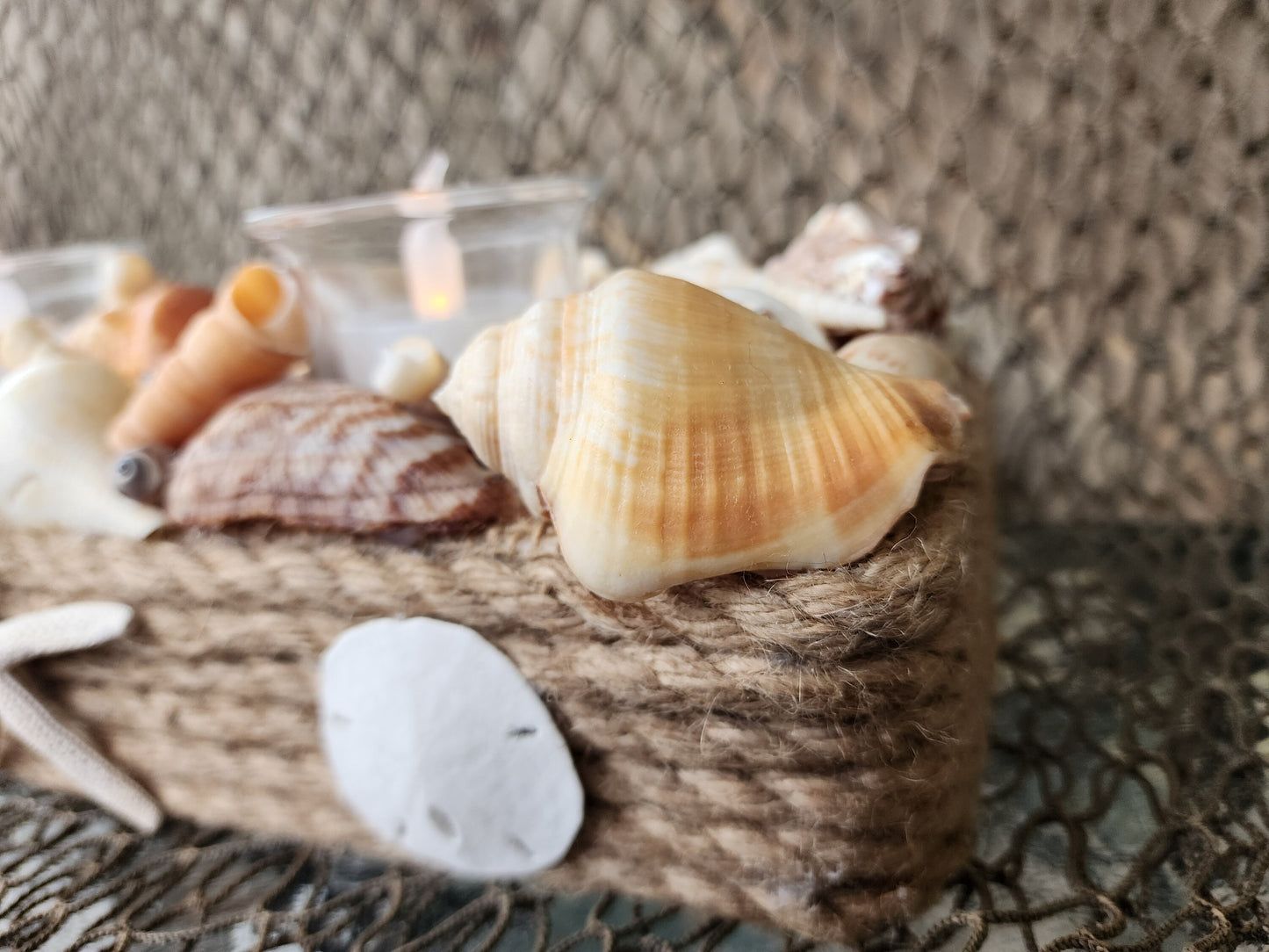 Coastal seashell candle holder centerpiece. Perfect as a beach wedding centerpiece, beach wedding gift, or to complement your coastal decor