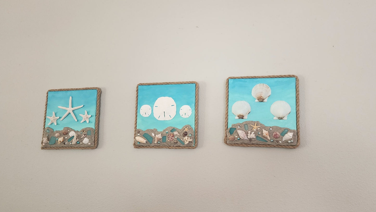 Hand painted 8x8 beach canvas made with genuine local sand and shells with beautiful starfish, sand dollars and scallops, jute rope border.