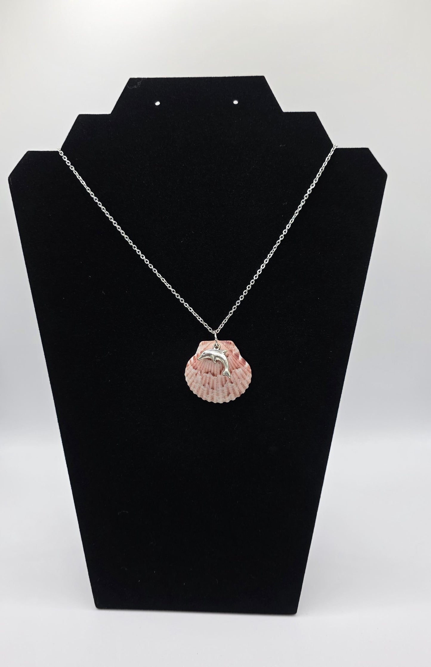 Genuine Florida pink calico shell necklace on 18" (+2") stainless steel chain. Perfect for beach wedding or anytime gift for beach lovers.