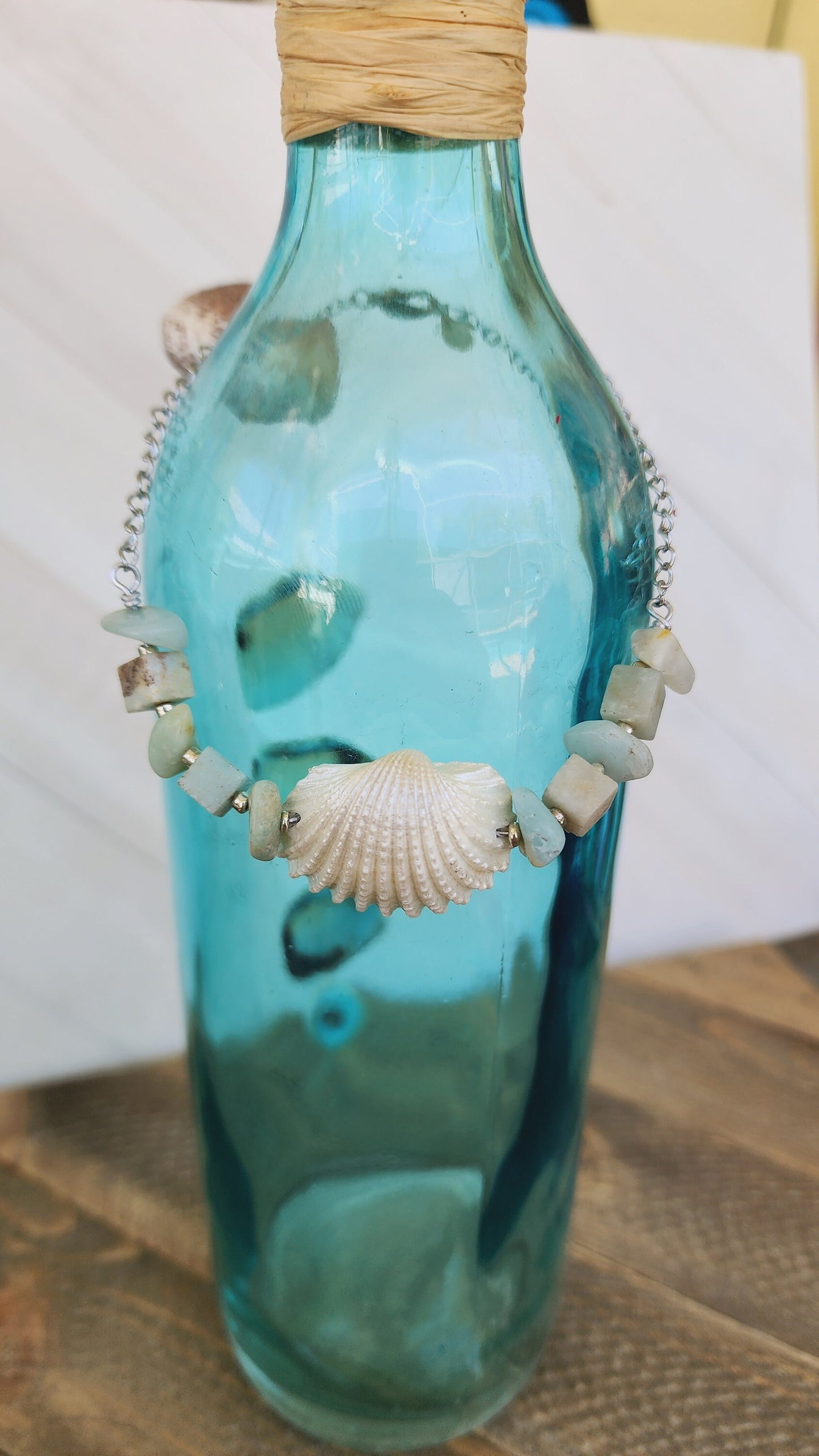 Beautiful, handmade fancy ark seashell bracelet or anklet accented with semi- precious amazonite stones on an adjustable silver curb chain.