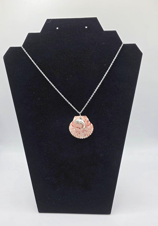 Genuine Florida pink calico shell necklace on 18" (+2") stainless steel chain. Perfect for beach wedding or anytime gift for beach lovers.