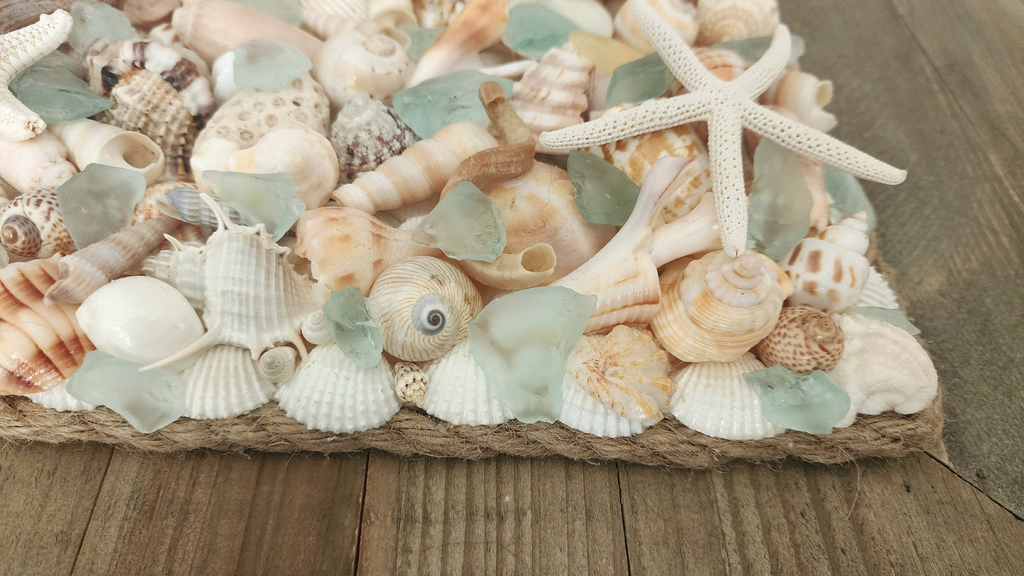 Seashell and sea glass heart decor, seashell art, coastal heart, coastal wall art hanging, sea glass wall hanging, Valentine's gift, wedding