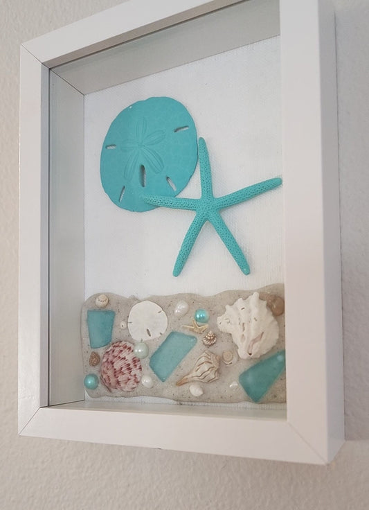 Beach, seashell and sea glass "5x7" shadow  box, handmade with SW Florida sand and shells in shades of blue and aqua, housewarming gift.
