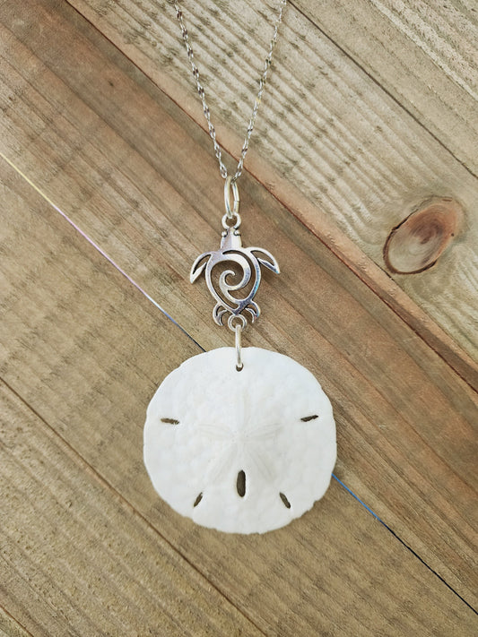 Genuine handmade sand dollar necklace, accented with a silver sea turtle charm. Sea turtle necklace. Sand dollar pendant. Beach necklace.