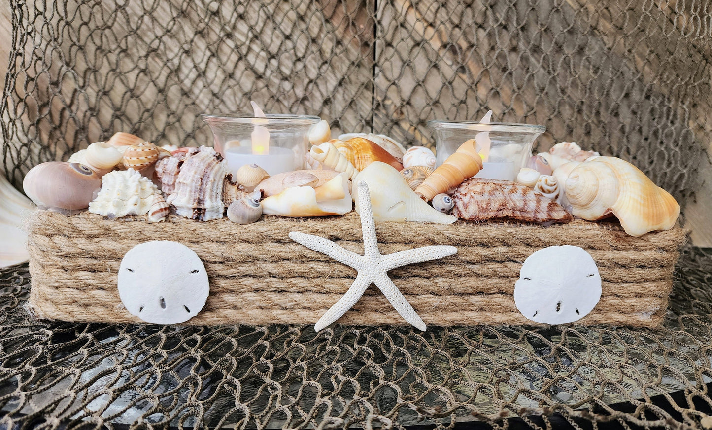 Coastal seashell candle holder centerpiece. Perfect as a beach wedding centerpiece, beach wedding gift, or to complement your coastal decor