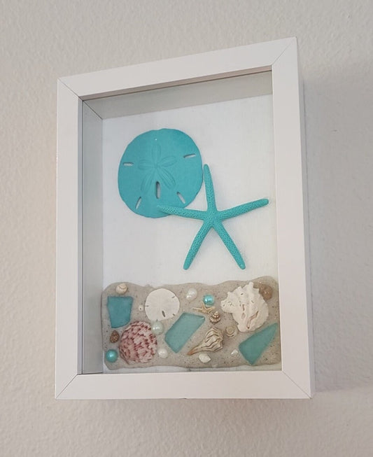 Beach, seashell and sea glass "5x7" shadow  box, handmade with SW Florida sand and shells in shades of blue and aqua, housewarming gift.
