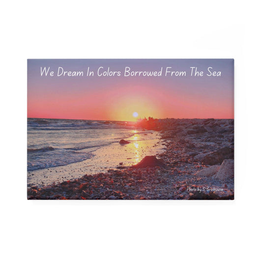 Custom beach sunset button magnet. 3x2 rectangle with inspirational quote, personalization available. SW Florida beach sunset