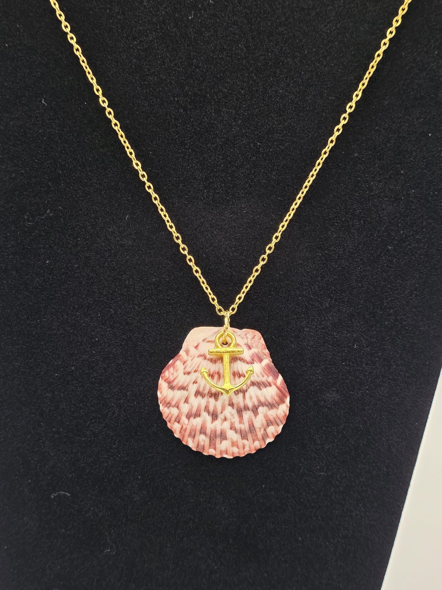 Genuine Florida pink calico shell necklace on 18" (+2") stainless steel chain. Perfect for beach wedding or anytime gift for beach lovers.