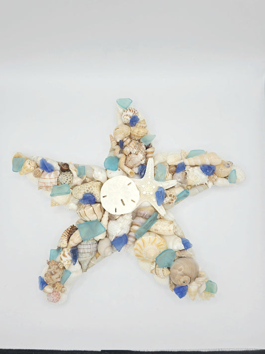 Seashell and seaglass starfish wall art (12"x12"), ready to hang, finished with a sand dollar and starfish. Beach house decor, beach wedding