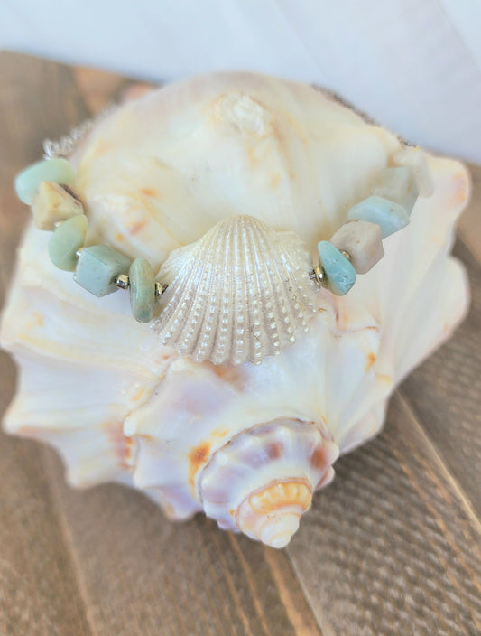 Beautiful, handmade fancy ark seashell bracelet or anklet accented with semi- precious amazonite stones on an adjustable silver curb chain.